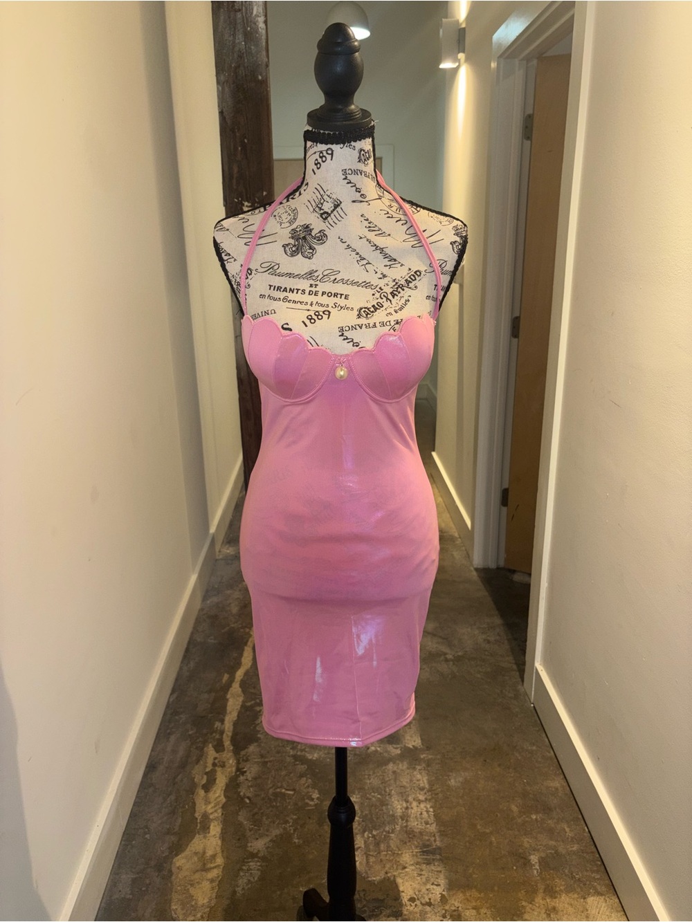 Pink Vinyl Halter Bodycon Dress